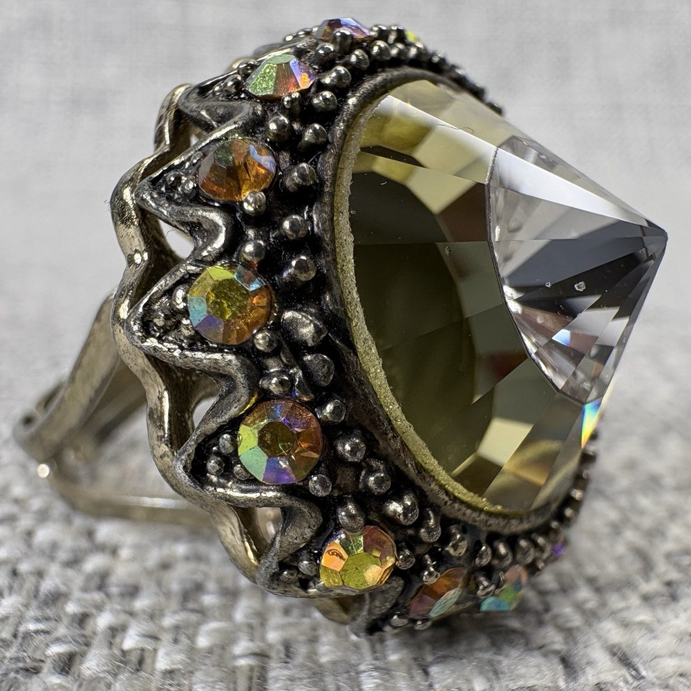 Vintage Style Large Yellow Glass Statement Ring AB Rhinestones Antique Gold Tone